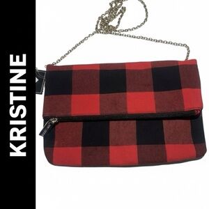 KRISTINE Plaid Canvas Red and Black Chain Shoulder Bag NWT
